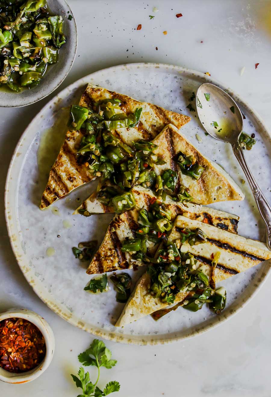 5 Ingredient Tofu Steaks with Charred Shishito Salsa