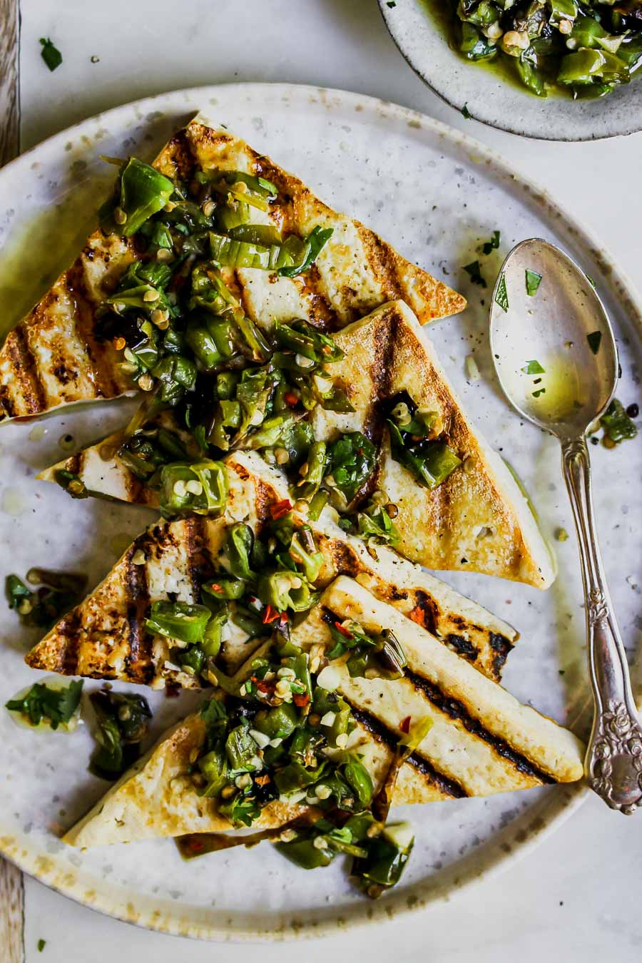 5 Ingredient Tofu Steaks with Charred Shishito Salsa