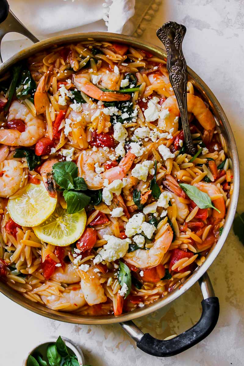 One Pot Harissa Shrimp and Feta Orzo
