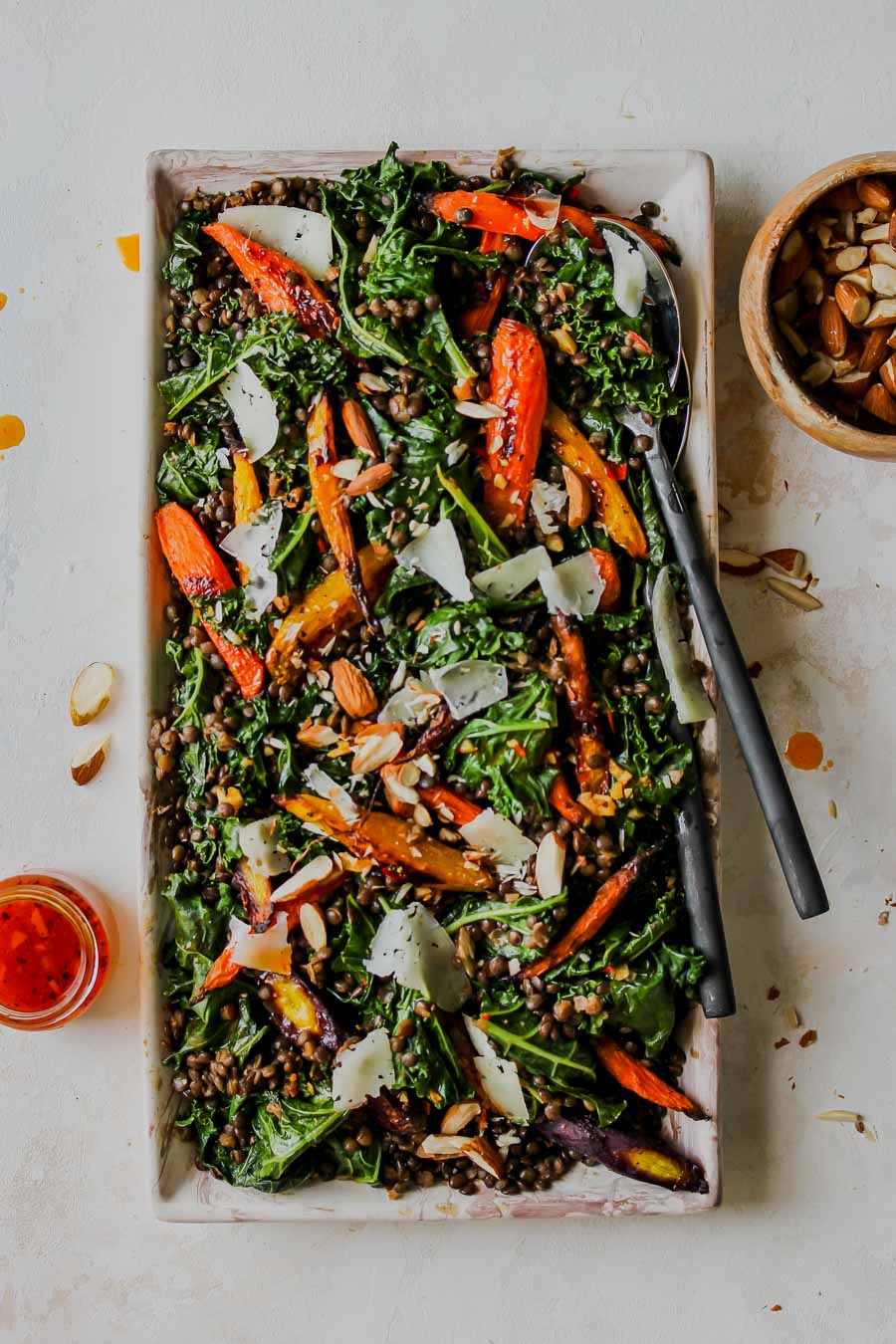Warm Lentil and Kale Salad with Carrot-Harissa Dressing