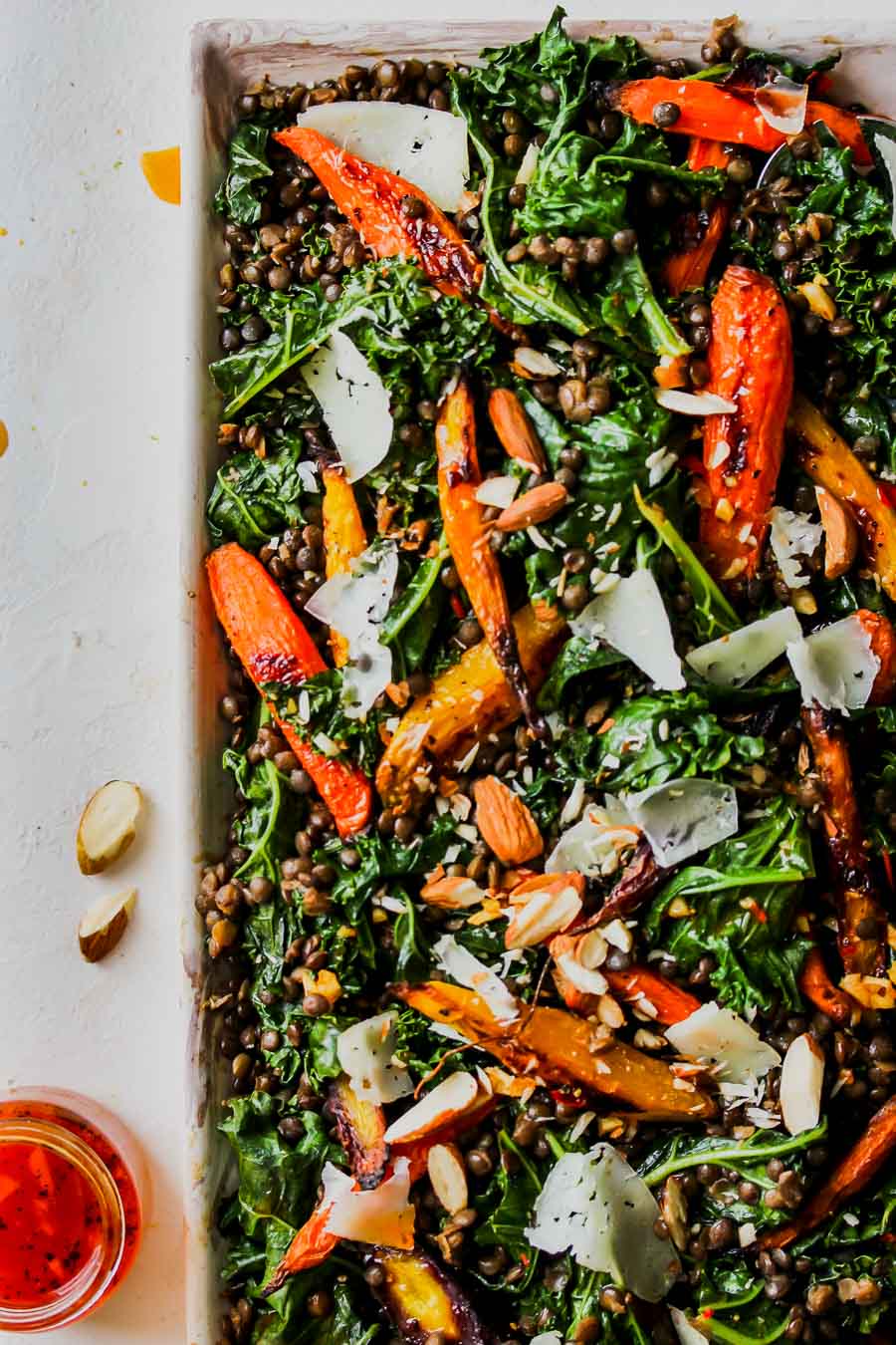 Warm Lentil and Kale Salad with Carrot-Harissa Dressing