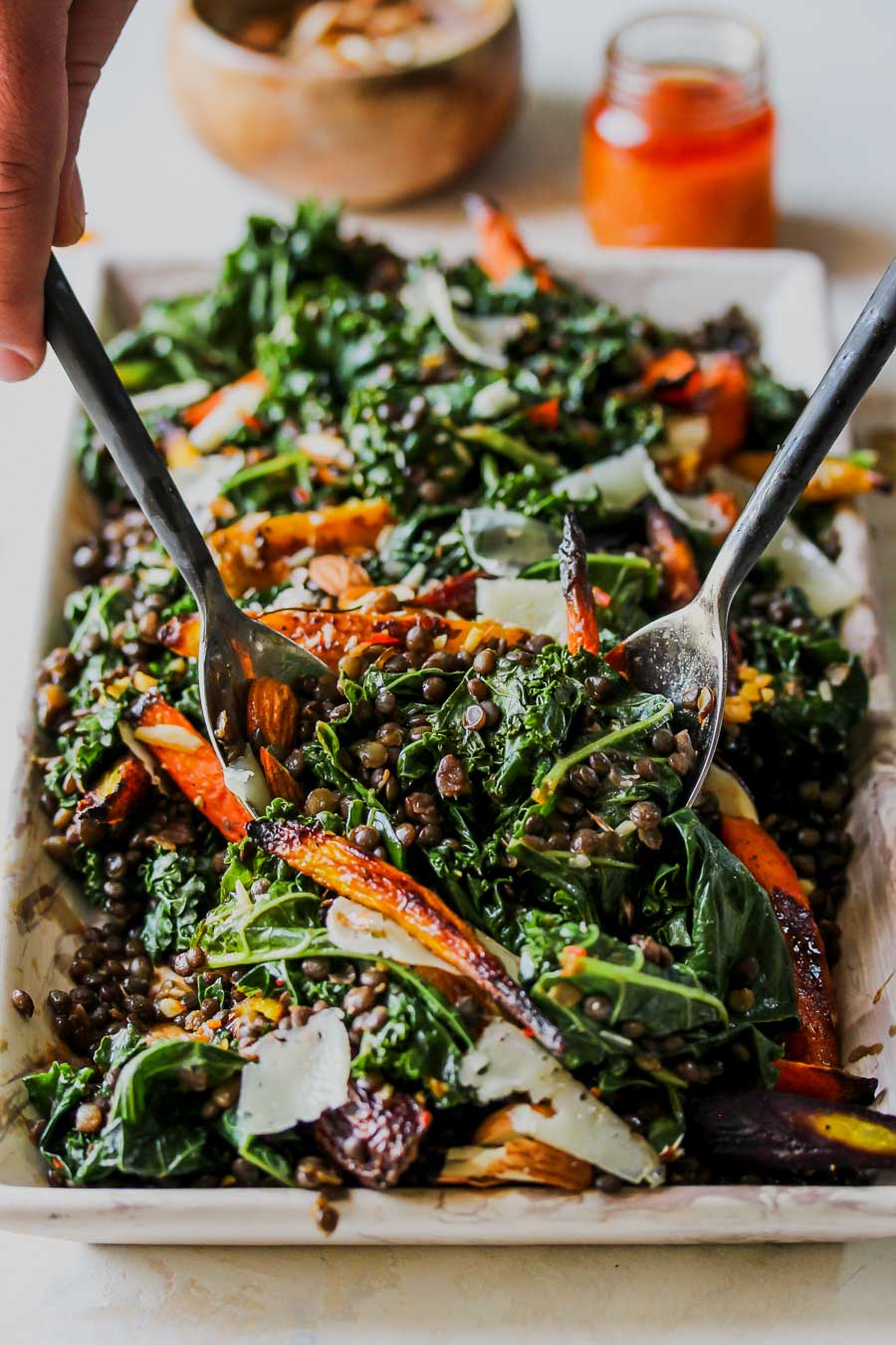 Warm Lentil and Kale Salad with Carrot-Harissa Dressing