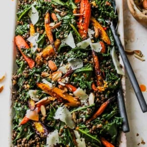 Warm Lentil and Kale Salad with Carrot-Harissa Dressing