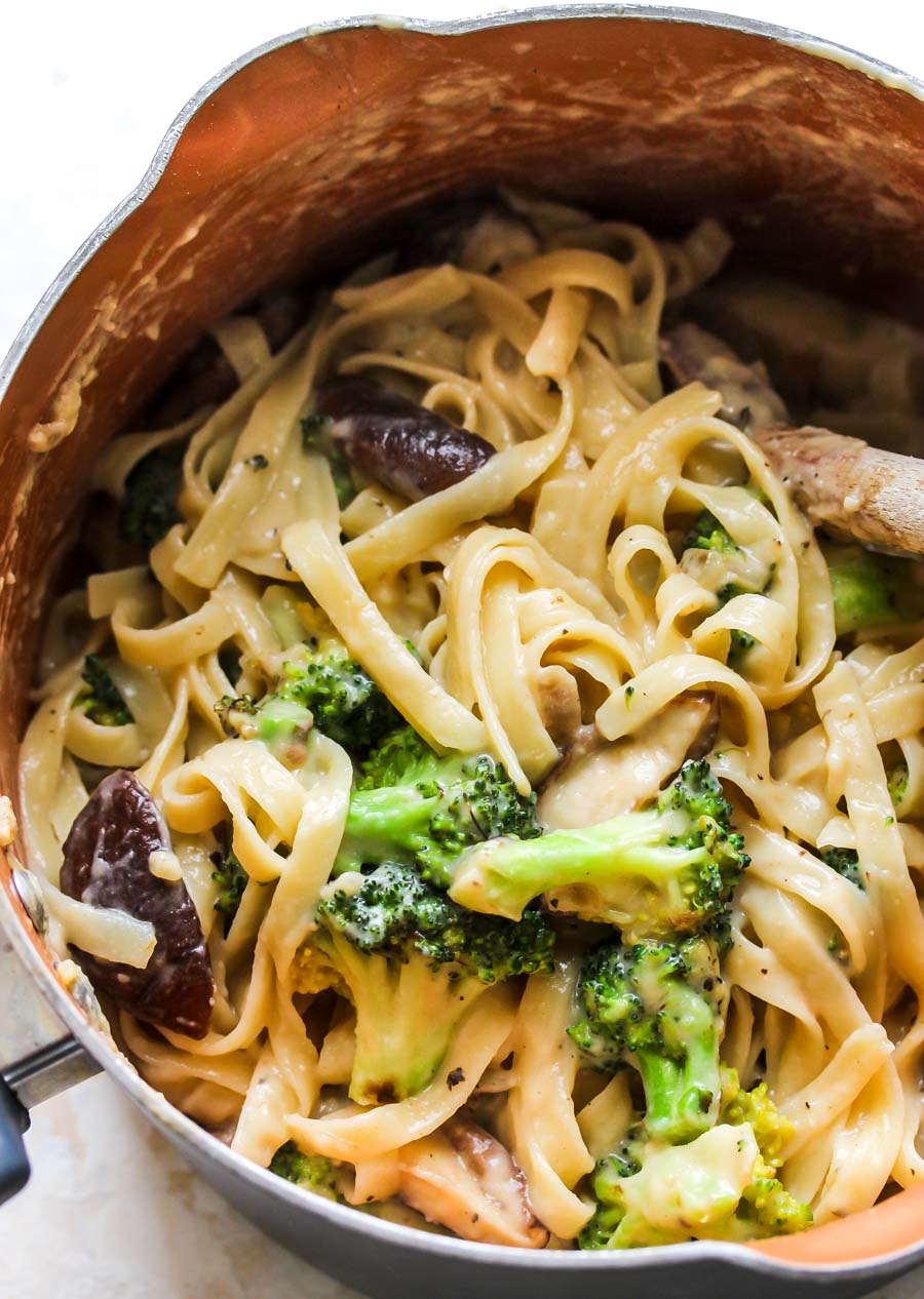 Broccoli and Mushroom Fettuccine with Miso Cream Sauce