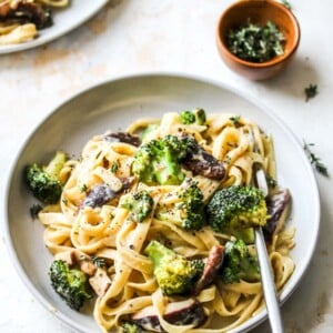 Broccoli and Mushroom Fettuccine with Miso Cream Sauce