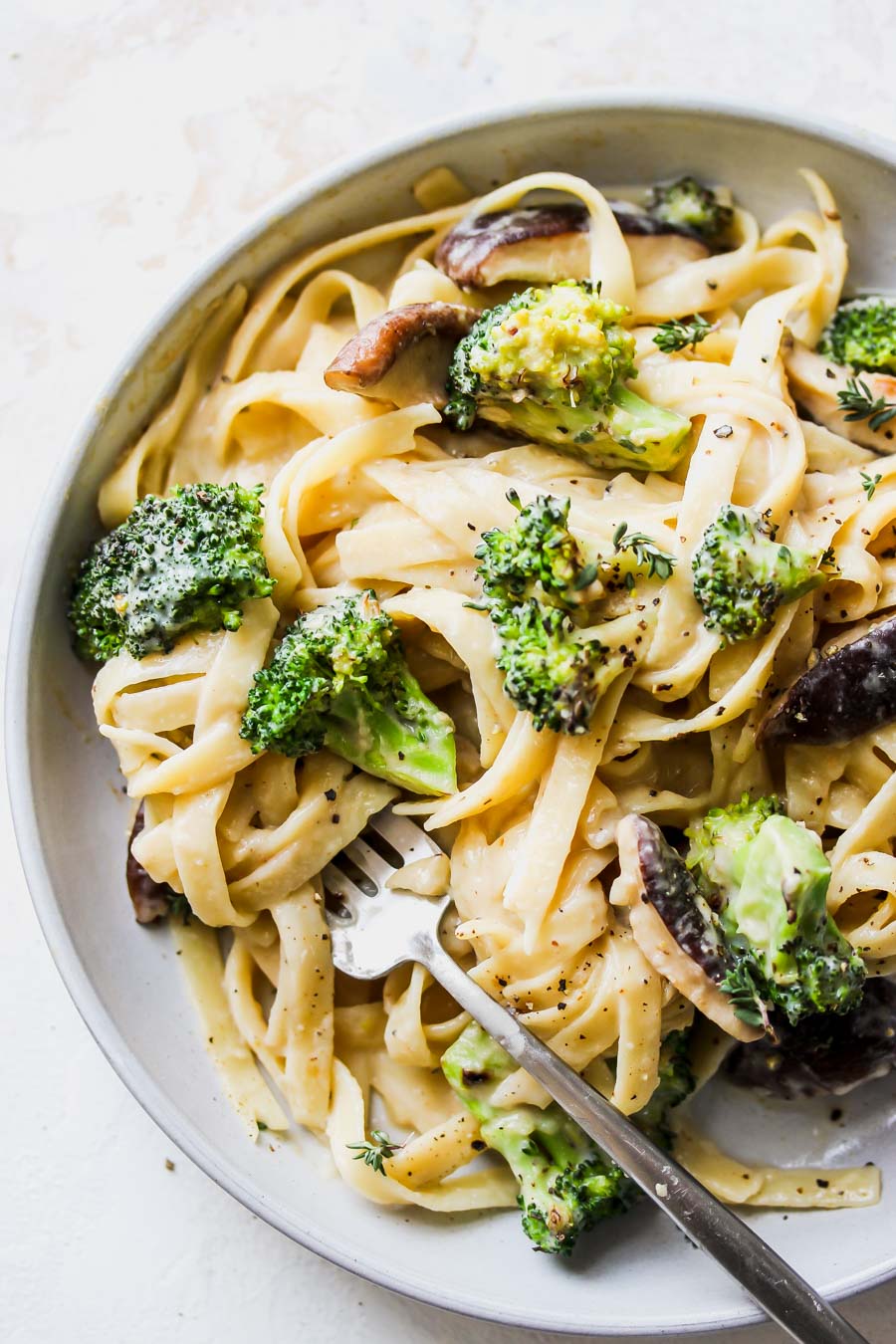 Broccoli and Mushroom Fettuccine with Miso Cream Sauce