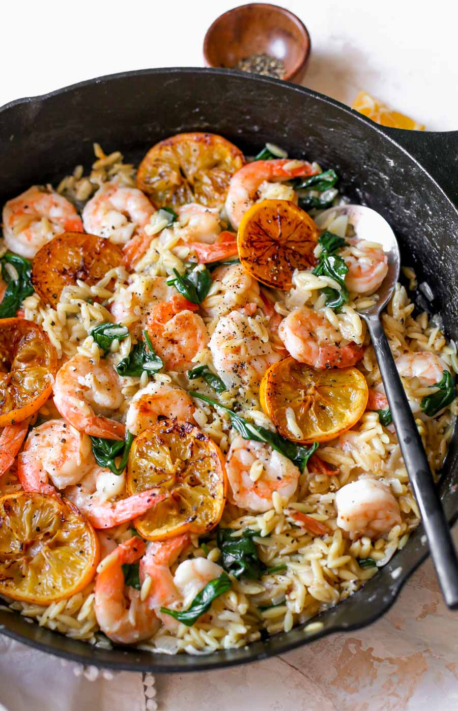One Skillet Lemon Pepper Shrimp and Orzo