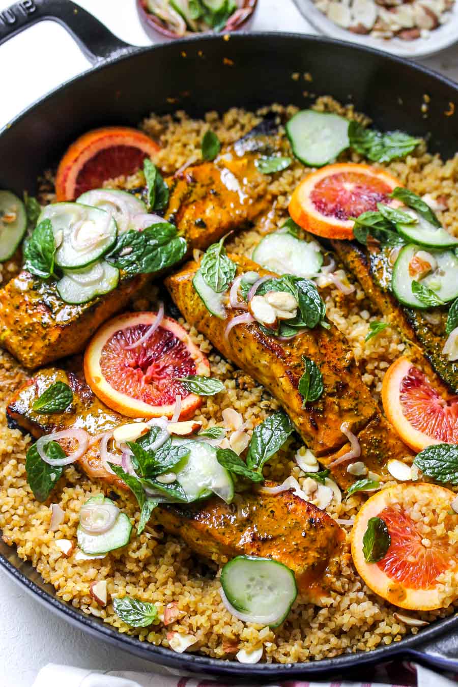 Salmon and bulgur skillet with cucumber-mint salad