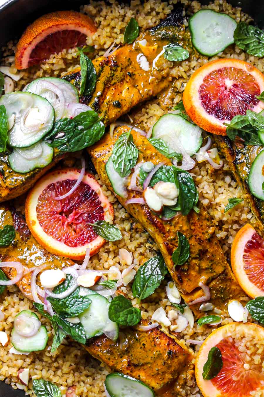 Turmeric-glazed salmon with bulgur and cucumber-mint salad