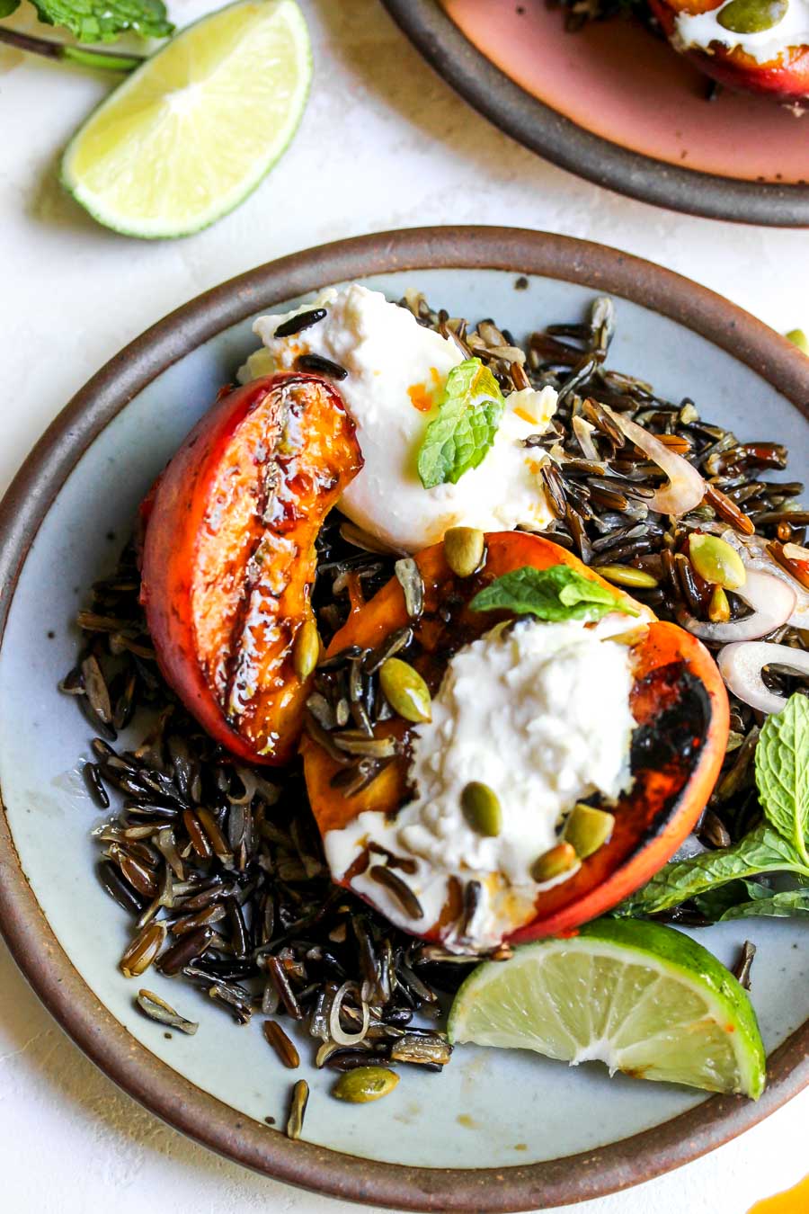 Honey-Harissa Peaches, Burrata, and Wild Rice