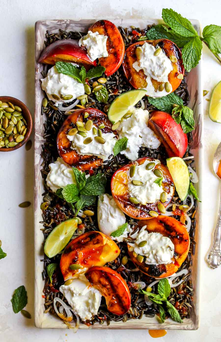 Grilled Peach and Burrata Salad with Wild Rice