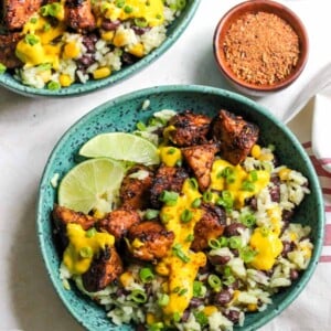 Jerk-spiced tempeh grain bowls with mango-tahini sauce