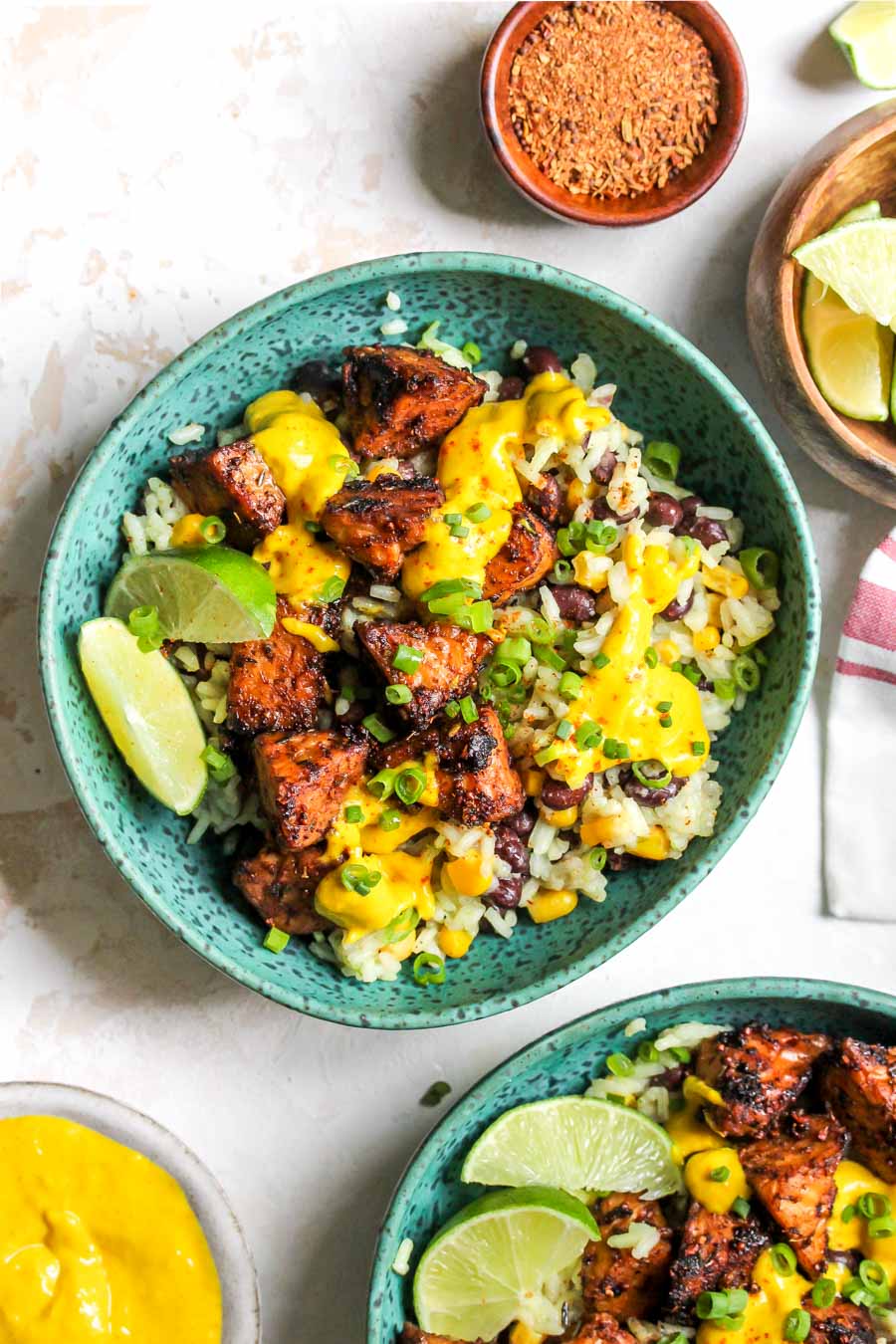 Jerk-Marinated Tempeh Bowls with Mango-Tahini