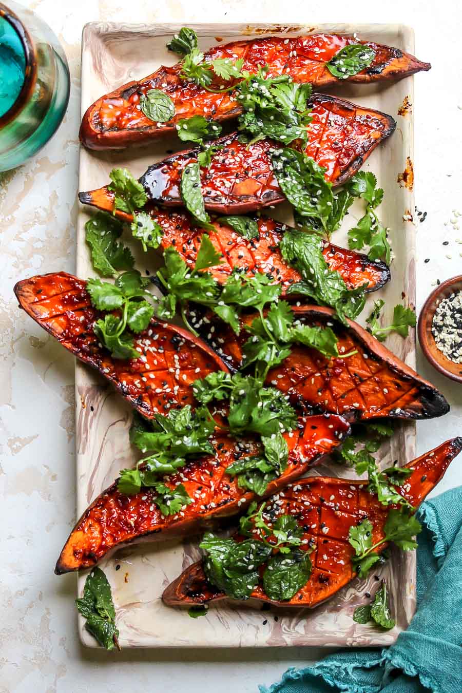 Roasted Sweet Potatoes with Chile Glaze and Cilantro