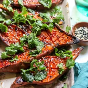 Chile-Glazed Sweet Potatoes with Cilantro Salad