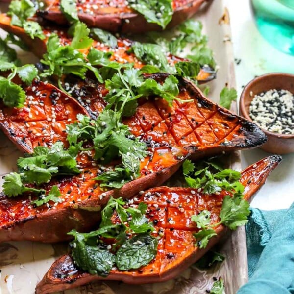 Chile-Glazed Sweet Potatoes with Cilantro Salad