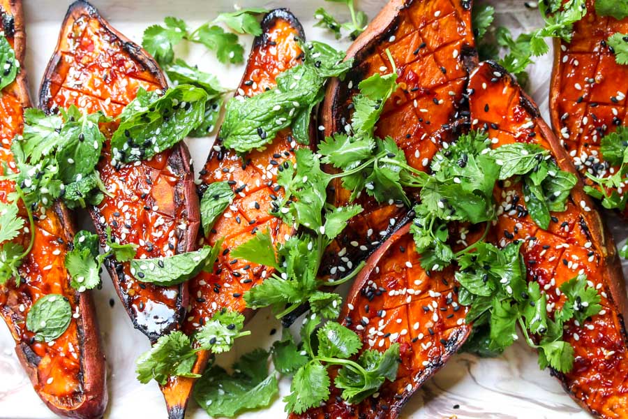 Roasted Sweet Potatoes with Chile Glaze and Herbs
