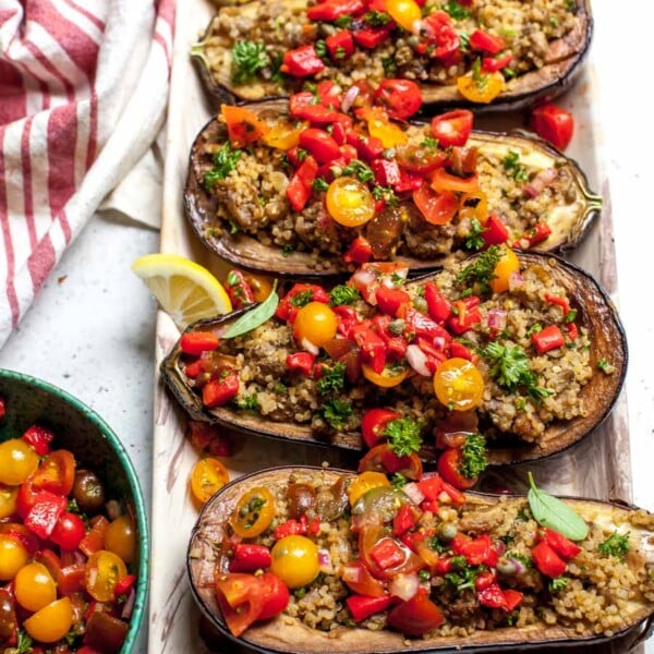 Quinoa-Stuffed Eggplant with Mediterranean Salsa