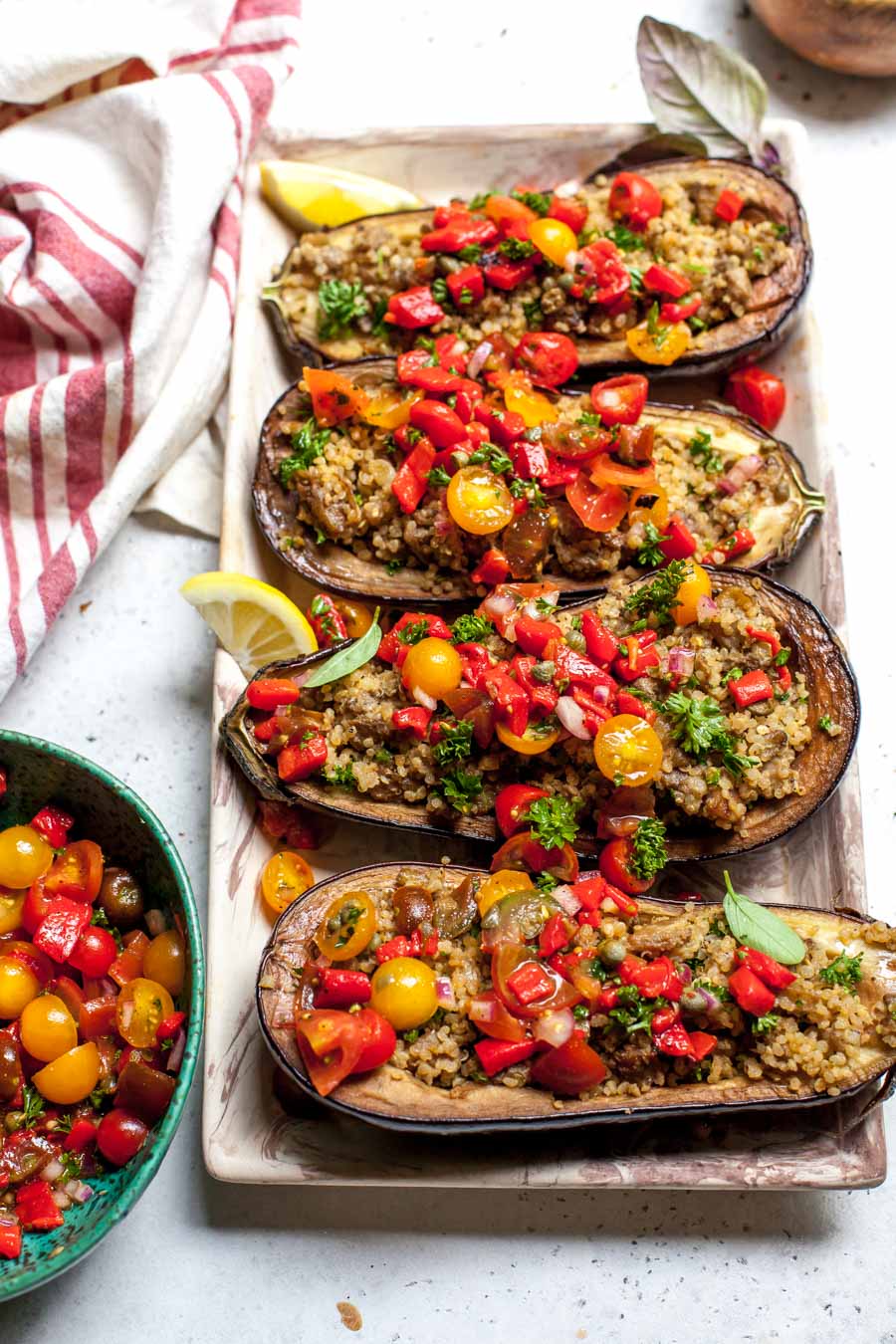 Quinoa-Stuffed Eggplant with Mediterranean Salsa