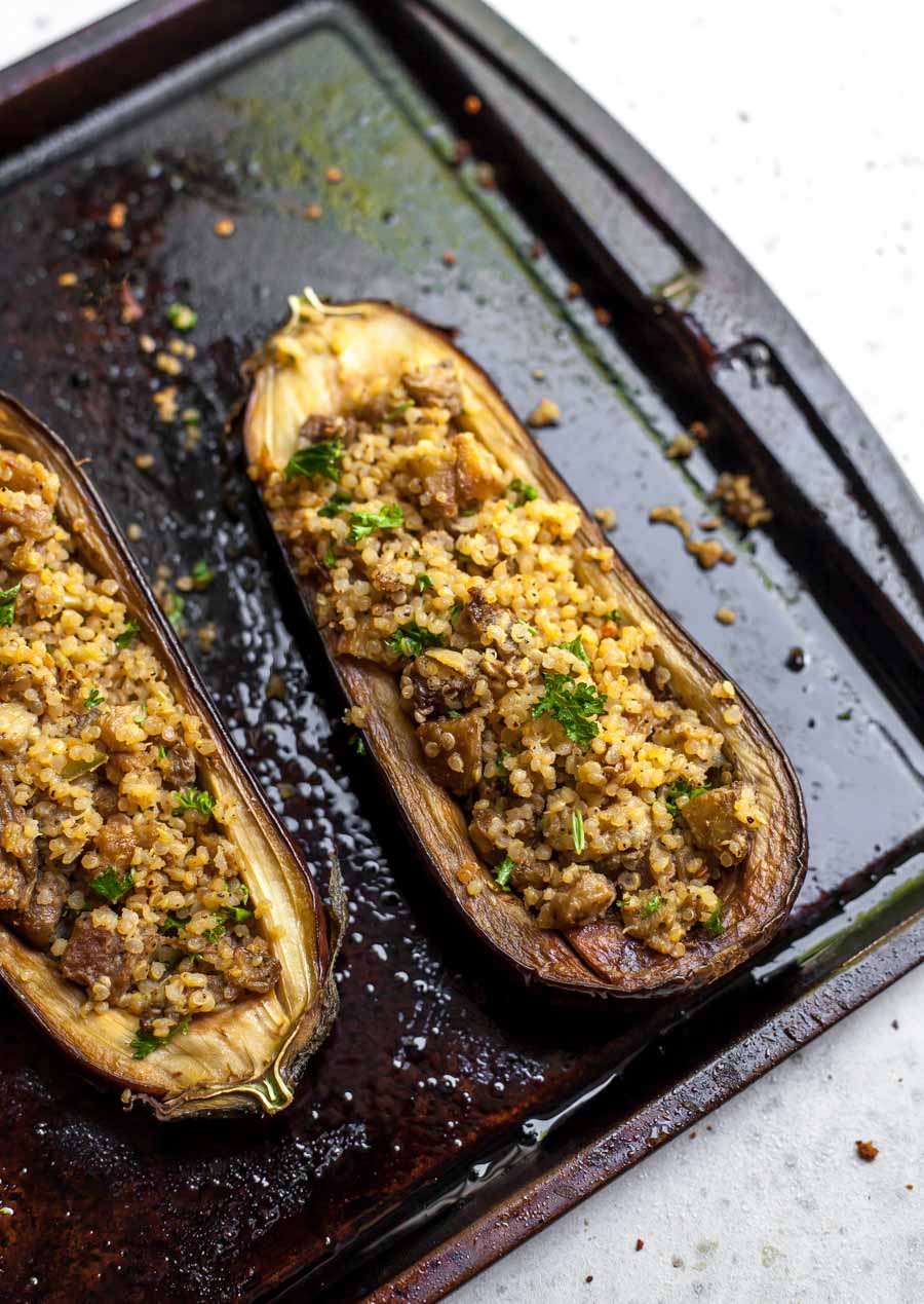 Quinoa-and-Herb Stuffed Eggplant with Tahini
