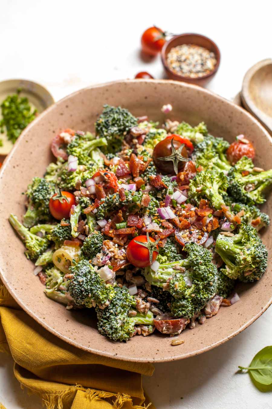 Broccoli Salad with Goat Cheese Dressing and Everything Bagel Spice