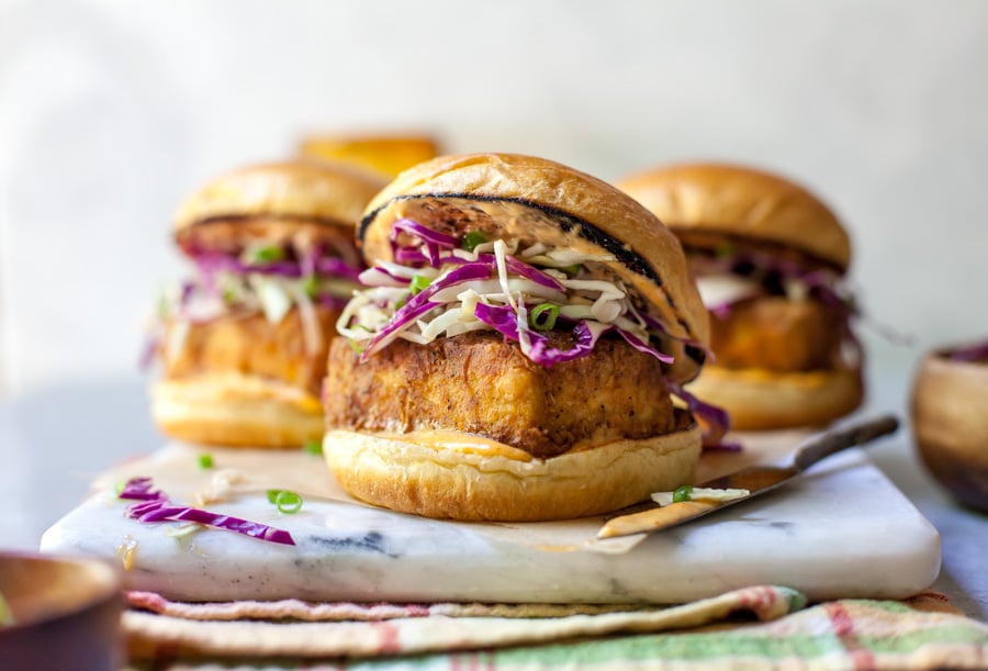 Vegan Fried Tofu Sandwiches with Spicy Mayo and Slaw