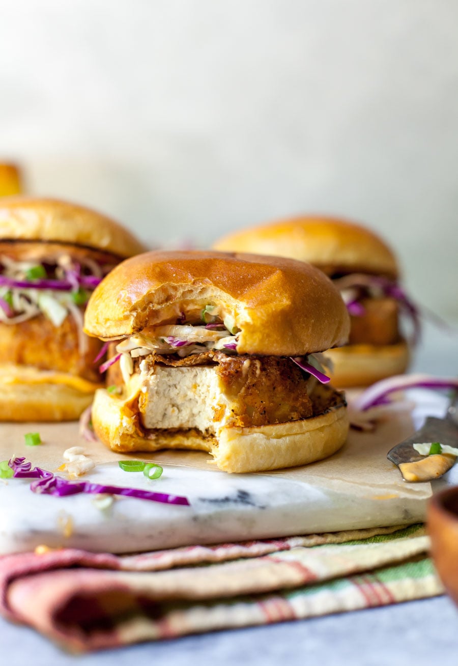 Chicken Fried Tofu Sandwiches with Spicy Mayo and Slaw
