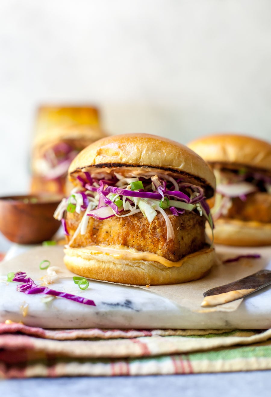 Chicken Fried Tofu Sandwiches with Spicy Mayo and Slaw