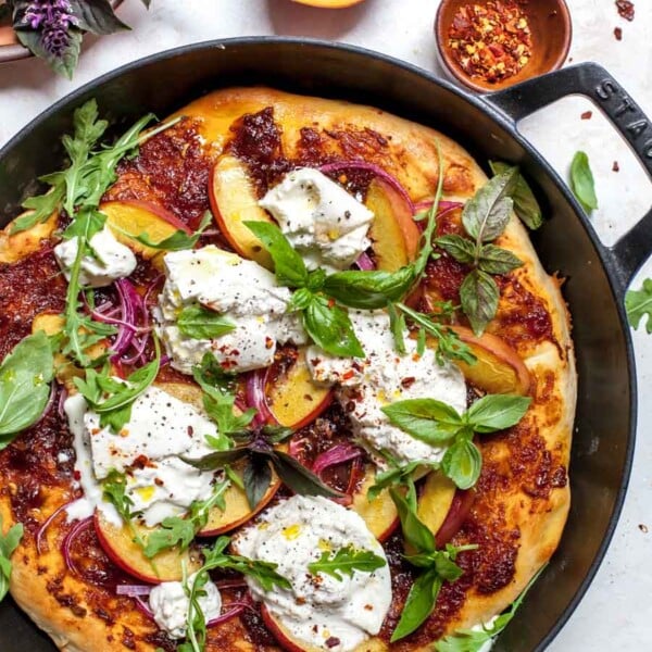Skillet Pizza with Homemade BBQ Sauce, Peaches, Burrata, and Basil