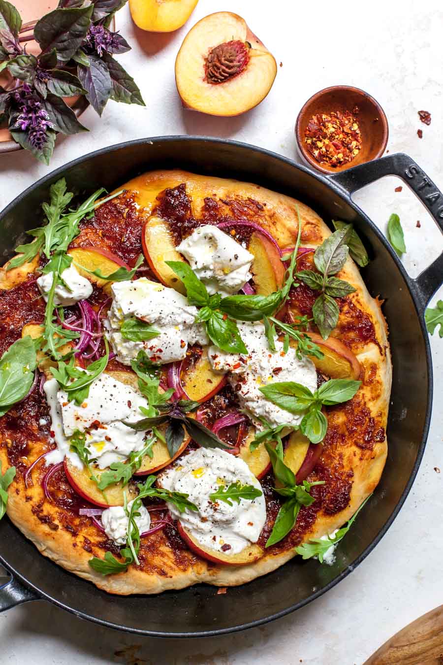 Skillet Pizza with Homemade BBQ Sauce, Peaches, Burrata, and Basil