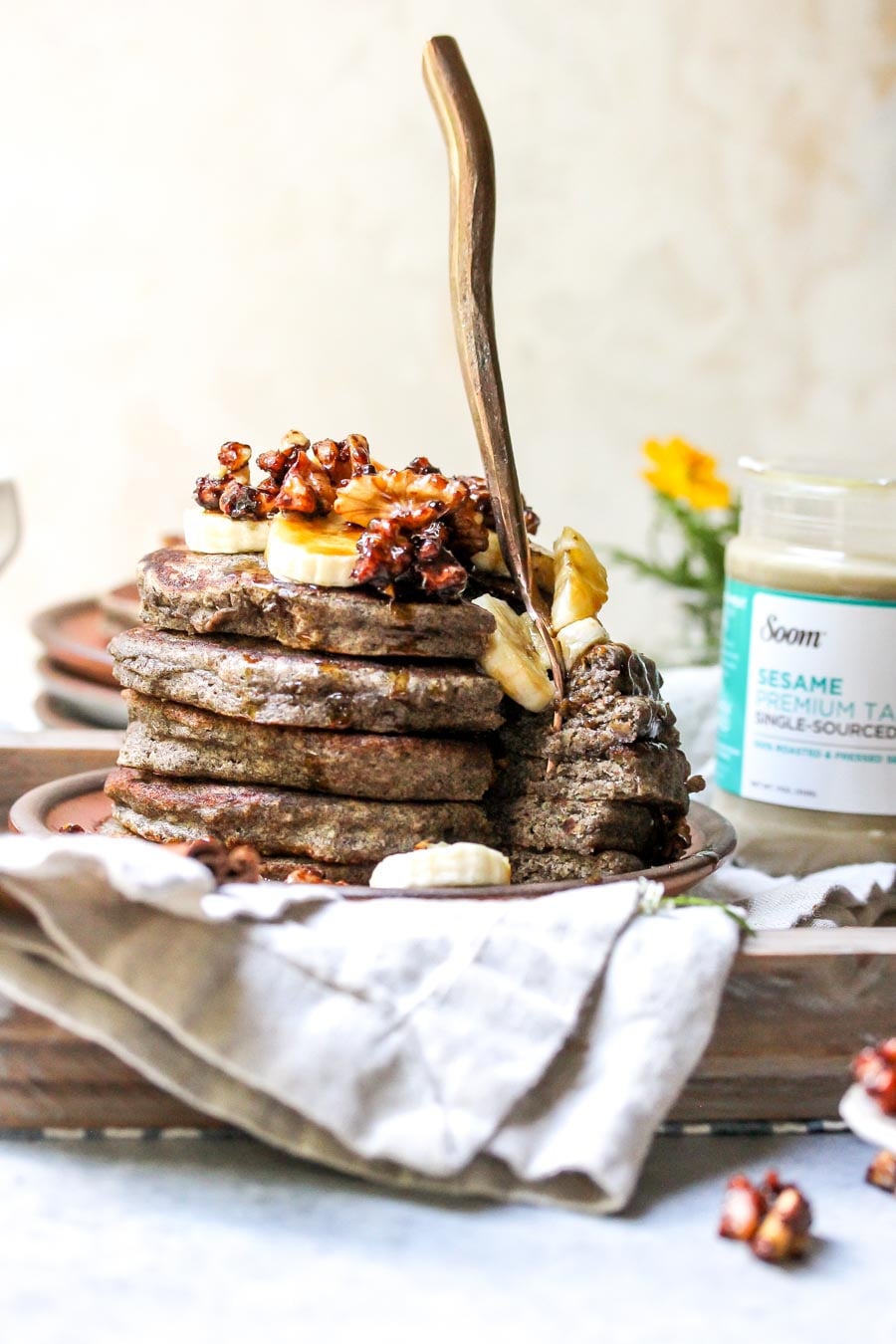 Stack of Buckwheat Pancakes with Soom Tahini