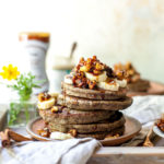 Banana Bread Pancakes made with Buckwheat Flour and Topped with Stovetop Candied Walnuts