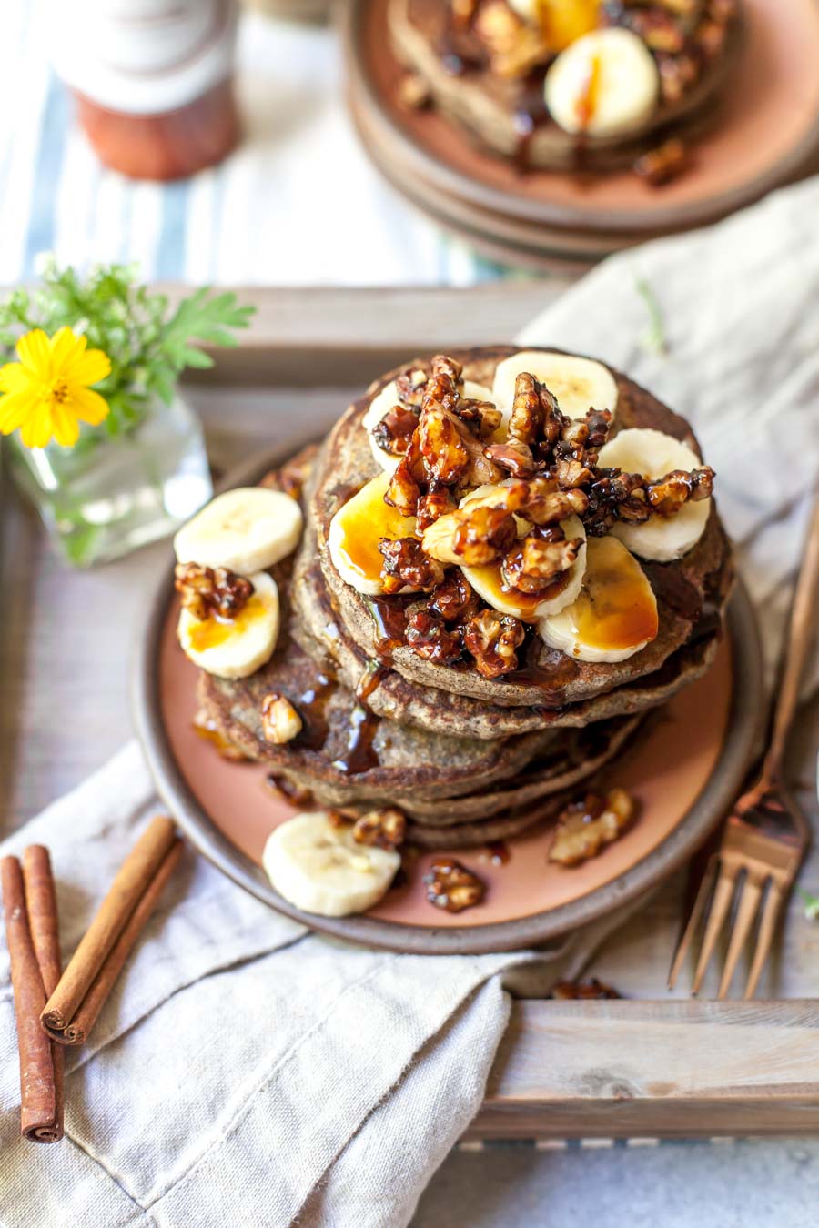 Gluten Free Banana Bread Pancakes with Walnuts and Date Syrup
