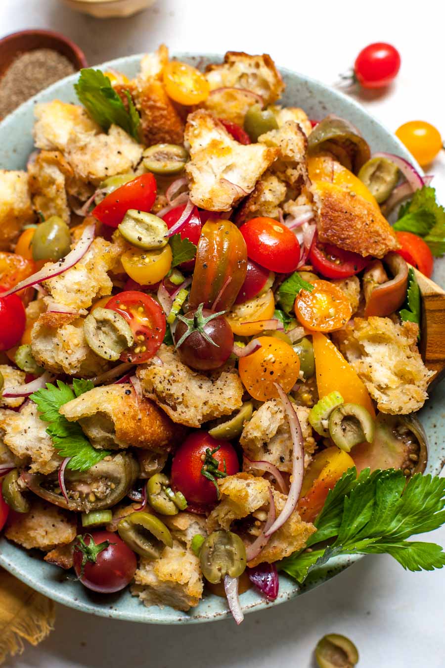 Tomato and Olive Panzanella Salad with Bloody Mary-inspired Dressing