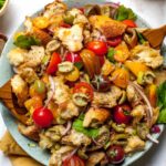 Summer Panzanella Salad with tomatoes, olives, and a Bloody Mary-inspired dressing