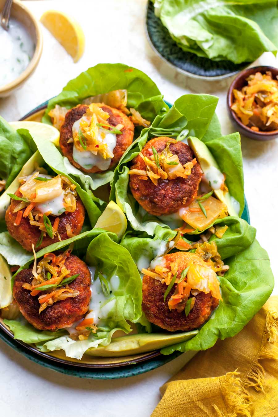 Salmon Slider Patties in Lettuce Wraps with Lemon Yogurt
