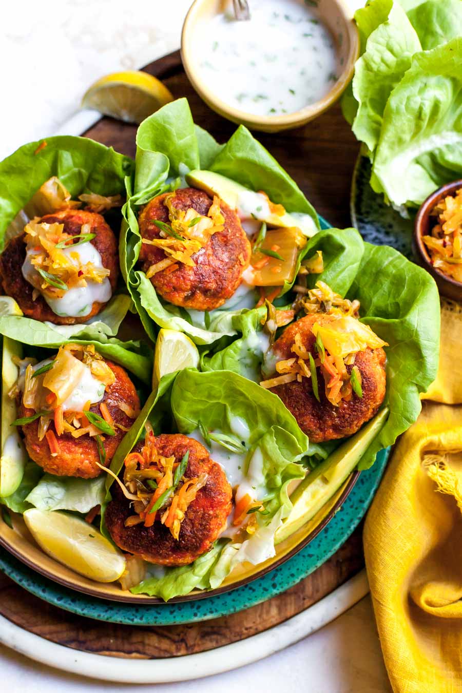 Curried Salmon Lettuce Wraps with Kimchi and Yogurt