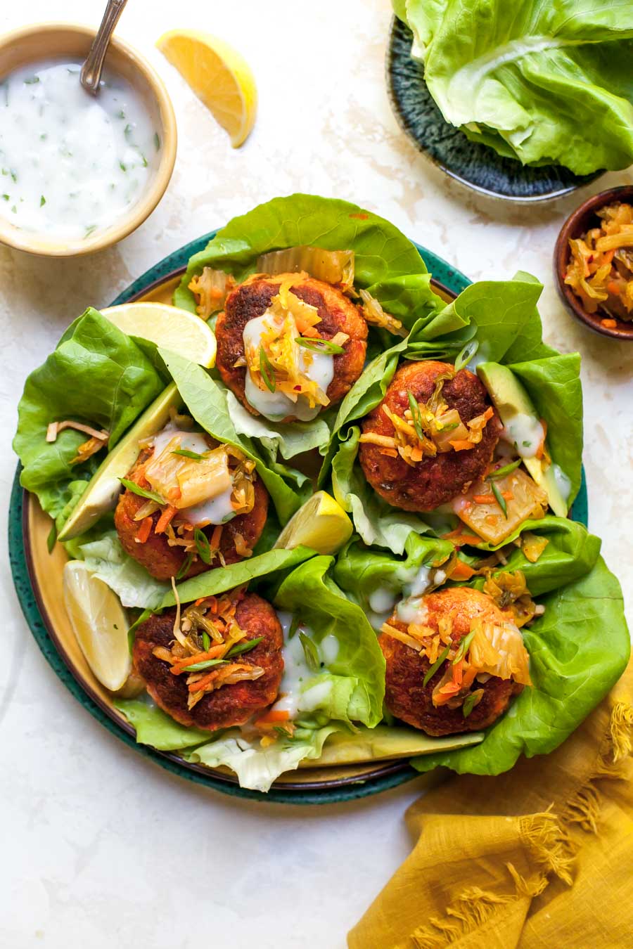 Curried Salmon Burger Lettuce Wraps with Kimchi and Yogurt Sauce