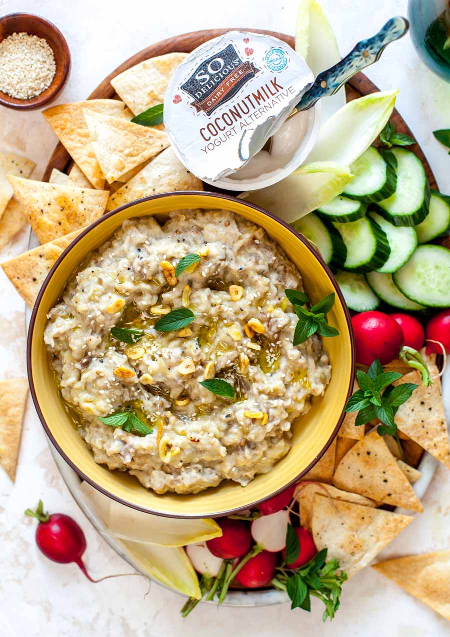 Roasted Eggplant Dip with Tahini, Coconutmilk Yogurt, Sizzled Garlic, and Mint