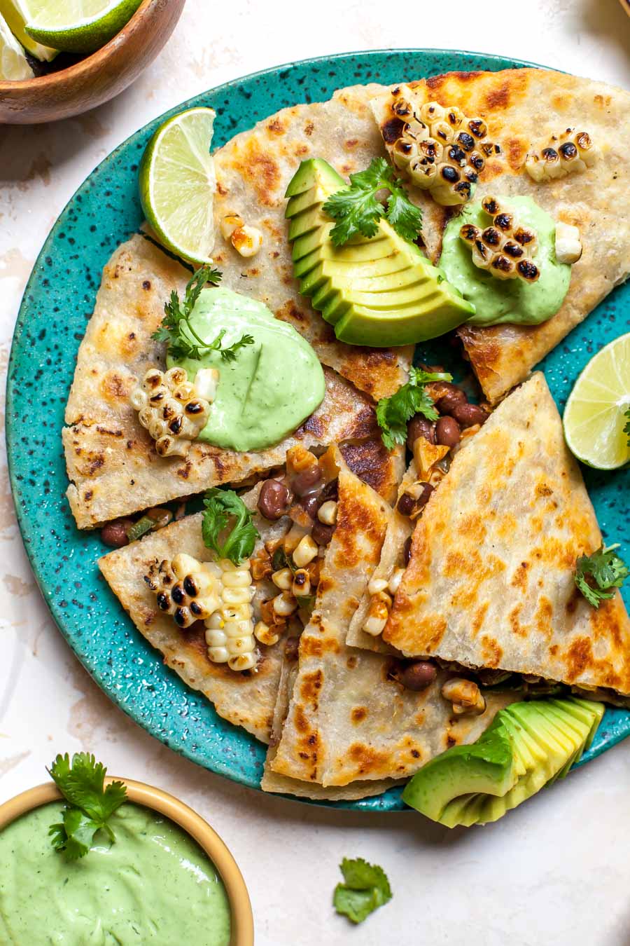 Mexican Grilled Corn Quesadillas with Avocado-Cilantro Cream