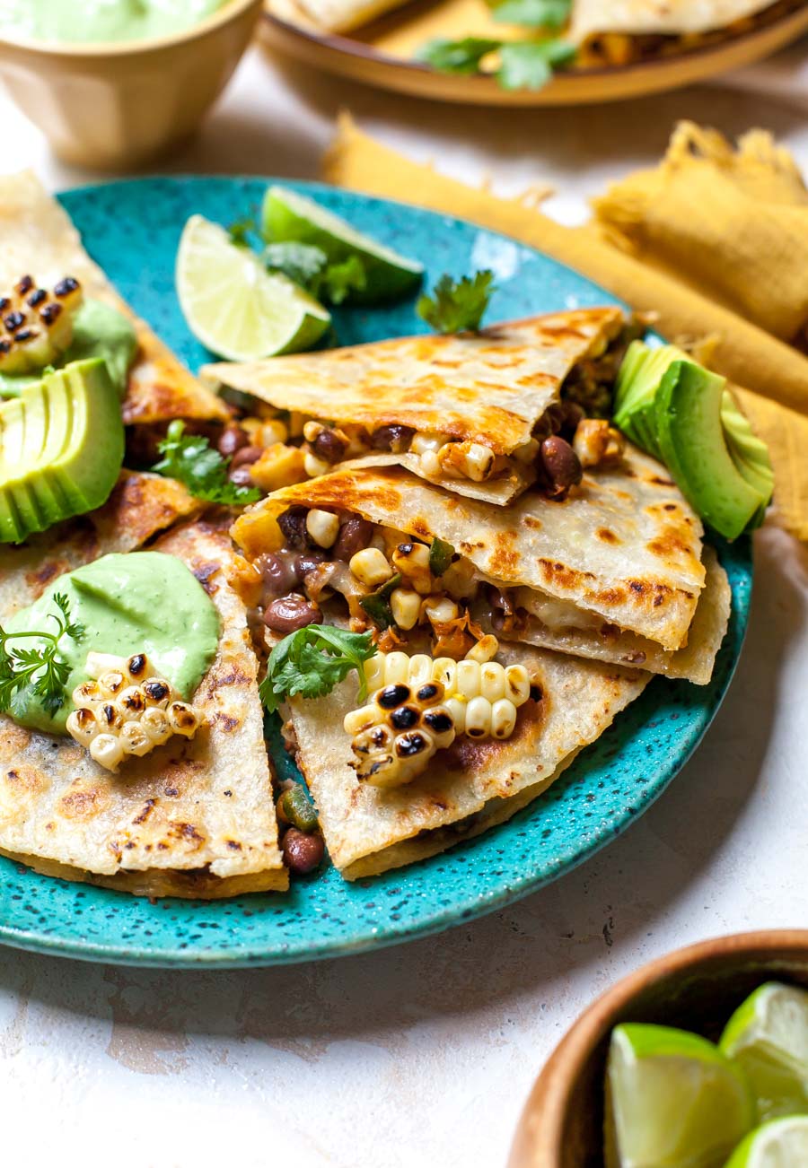 Elote Corn Quesadillas with Avocado-Cilantro Cream