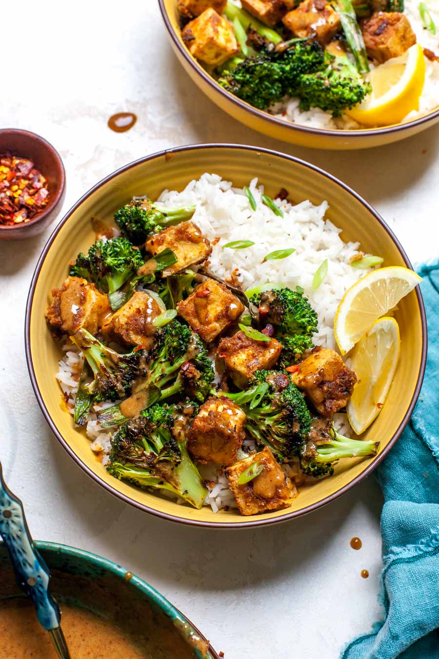 Crispy Tofu with Veggies, Jasmine Rice, and Nut Butter Sauce