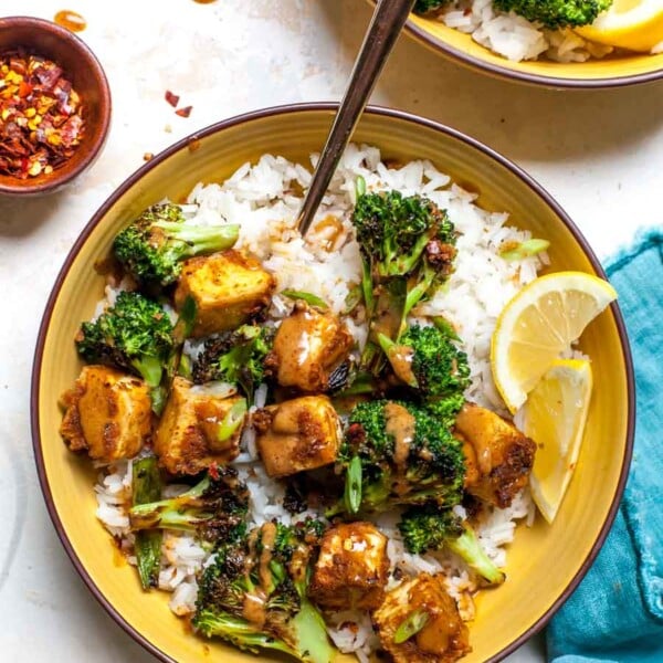 Tofu Buddha Bowls with Veggies and Almond Butter Sauce