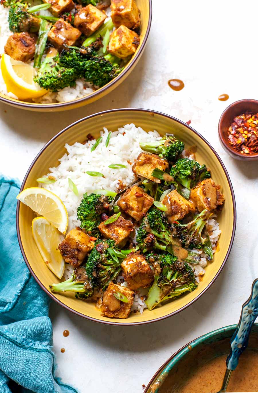 Crispy Tofu with Broccoli, Scallions, Rice and Almond Butter Sauce