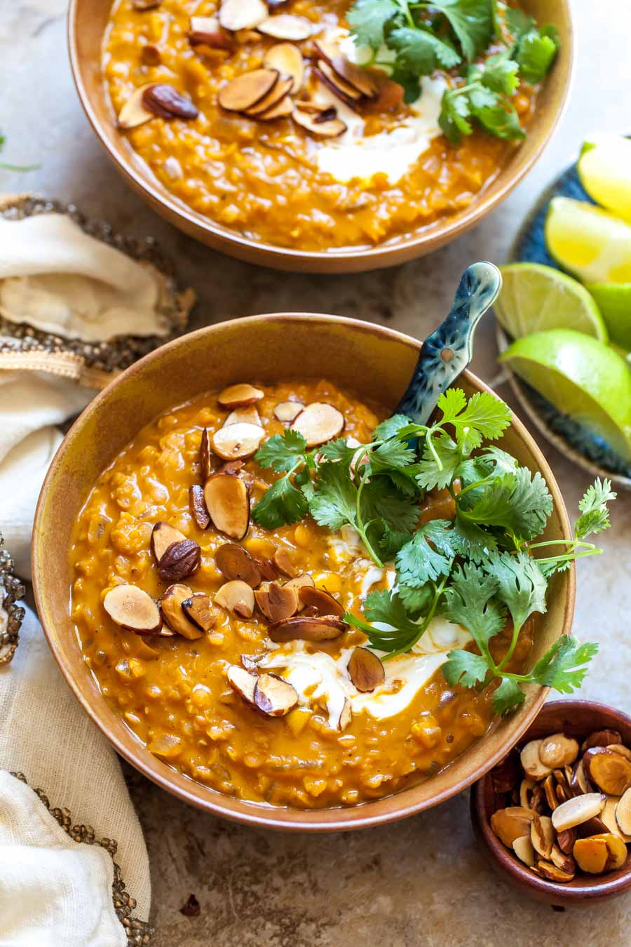 Creamy Lentil Soup with Curry Spices and Golden Garam Masala Almonds