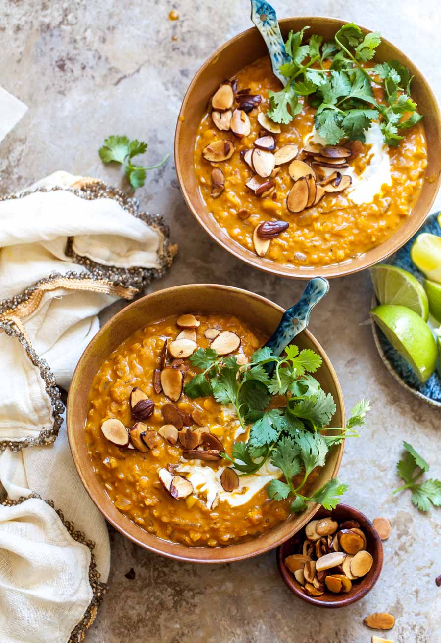 Healthy Curried Lentil Soup with Toasted Almonds and Cilantro (Vegan, Freezer-Friendly)