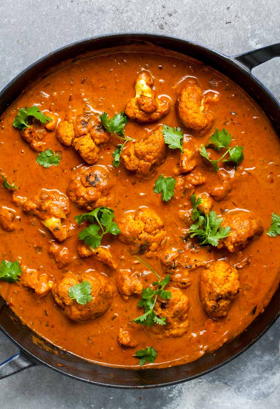 Cauliflower florets simmered in a spiced curry sauce with cream and cilantro