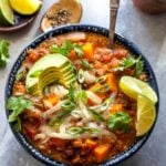 Slow Cooker (or Instant Pot) Vegetarian Chili with Chipotle Peppers, Quinoa, and Black Beans.