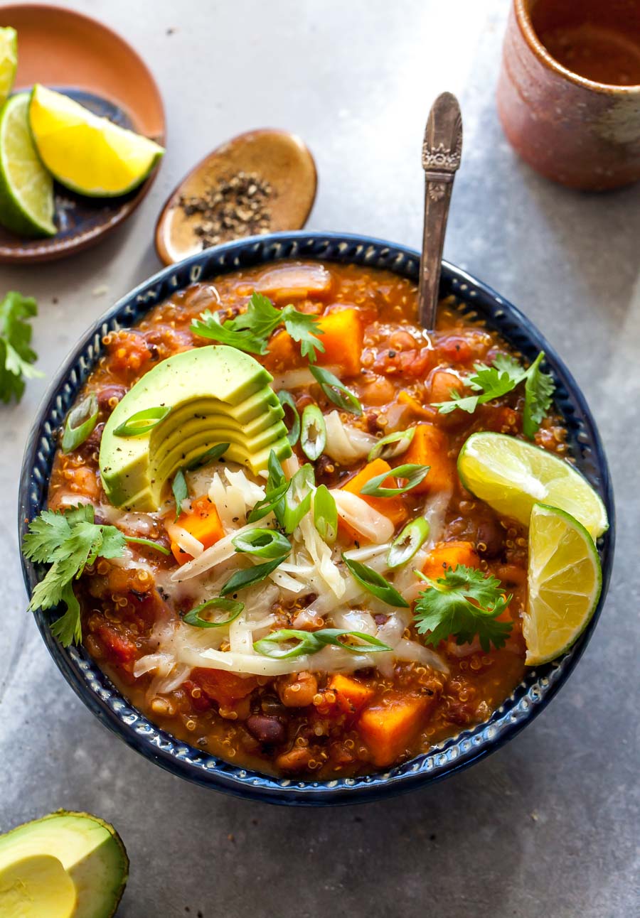 Slow Cooker (or Instant Pot) Vegetarian Chili with Chipotle Peppers, Quinoa, and Black Beans.