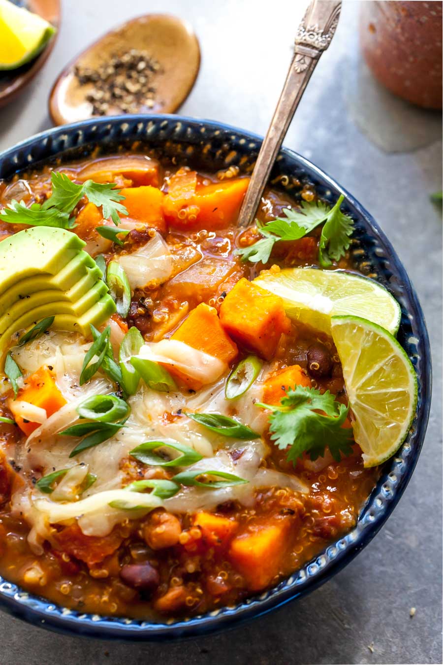 Quinoa and Black Bean Chili with Sweet Potatoes